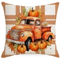 Thanksgiving Kissenbezug mit Vintage LKW und Kürbis auf orange-weißem Karomuster - Vintage LKW Kürbis Stil (TQSD2-4) / 45*45cm Einseitiges Leinen