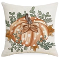 Nahaufnahme von Leinen-Kissenbezug mit orangefarbenem Kürbis- und Herbstahornblattdruck - Schleife Kürbis Illustration Stil (TQSD4-8) / 45*45cm (Kissen nicht enthalten)