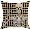 Close-up of Halloween pillow cover with skull hand illustration and diamond patterns - 45x45cm Linen Single Sided (Without Core) / Skeleton Hand Harlequin (TQYD1-7)