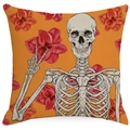 Halloween linnen kussensloop met skelet en bloemen op een felle oranje achtergrond - 45x45cm Linnen Enkelzijdig (Zonder Kern) / Skelet Hand met Rode Bloemen (TQYD1-4)