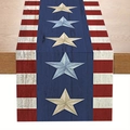 Linen table runner with American flag stars and stripes pattern on wood background - ZQ44-5
