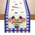Linen table runner with red blue plaid edge and Happy Independence Day stars pattern - ZQ44-7