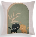 Nordic square velvet cushion cover featuring cartoon cats and green plant motifs - Healing Black and Orange Cats Design (CRD80-16)