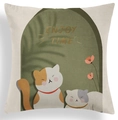 Square green cushion cover with Nordic cat illustration and Enjoy Time text print - Two Cats and Floral with Text Design (CRD80-17)
