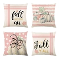 Set of four linen fall throw pillow covers with pink pumpkins and autumn quotes for home decor - Pink Gold Autumn Bow Pumpkin Series (YMD9-33)