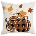 Herbst Kissenbezug aus Leinen mit karierten Kürbissen und orangefarbenem Ahornblatt - Doppelte Buffalo Karo Kürbisse (TQYM7-2) / 45x45cm