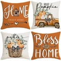 Set of 4 Thanksgiving linen pillow covers with pumpkin designs and autumn truck theme - Dark Orange Ivory Rural Farm (YMD9-39)