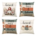 Set of 4 autumn linen pillow covers featuring gnomes, pumpkins and fall harvest patterns - Beige Linen Harvest Gnome Stripe (YMD9-32)