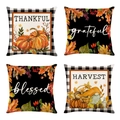 Detail of four linen fall pillow covers with gnomes pumpkins and grateful quotes - Buffalo Plaid Harvest Pumpkin Gnome (YMD9-29)