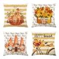 Detailed macro view of 4-piece autumn linen pillow covers featuring gnomes and pumpkins - Warm Yellow Gnome Vintage Bike Series (YMD9-27)