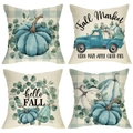 Detail of four linen fall pillow covers with watercolor pumpkin and truck patterns - Teal Watercolor Fall Market Series (YMD9-10)