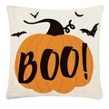 Detailed view of linen Halloween pillowcase with orange pumpkin and BOO lettering - 45*45cm Linen Single-Sided No Insert / Boo! Pumpkin and Bats (TQYM12-4)