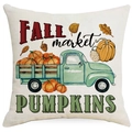 Detailed close-up of linen pillowcase with blue vintage truck carrying pumpkins design - Autumn Vintage Pickup Truck (TQYM8-4) / 45x45cm Linen Single Sided (Without Core)