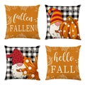Detailed view of four autumn pillow covers with pumpkin gnomes and orange leaf prints - Orange Leaves Gnome Series (YMD9-7)