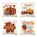Close-up of four linen pillow covers with autumn pumpkin and plaid festive designs - Red Black Plaid Pumpkin Series (YMD9-5)