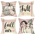Set of four autumn linen pillow covers with pumpkin patterns and fall theme typography - Pink Watercolor Pumpkin Bow Series (YMD9-12)