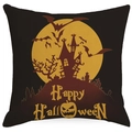 Detail of Halloween pillowcase featuring pumpkin, castle, and Happy Halloween text - Castle and Bat Pattern (TQYM9-4) / 45x45cm Linen Single Sided (Without Core)