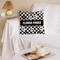 Nordic checkerboard pillow with Flower Power text on a white sofa in minimalist home setting - 45x45cm Double-sided Short Plush (Without Core) / Flower Power Checkerboard (TQS1-10)