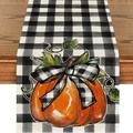 Runner da tavola in lino con zucca arancione su motivo a quadretti bianchi e neri - Stile Zucca Grande a Quadri Neri e Bianchi / 33x120cm / Quadri Neri e Bianchi (22)