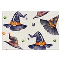 Detail of Halloween placemat showing watercolor witch hats and fine stitching on linen - Purple Witch Hat Pattern (CD25-4) / Waterproof Linen