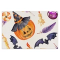 Detail of Halloween place mat featuring watercolor pumpkin and bats on linen fabric - Witch Hat Pumpkin and Bat (CD25-2) / Waterproof Linen