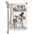 Christmas garden flag featuring a snowman, reindeer, and birds with Merry Christmas text - Snowman and Deer Pattern (DQ30-1)