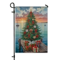 Christmas garden flag with tree and sunset sea view hanging on black metal stand - Sunset Beach Christmas Tree Pattern (DQ30-4)