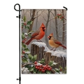 Winter garden flag featuring red cardinals on a snowy stump with a black metal stand - Cardinal and Holly Pattern (DQ30-6)