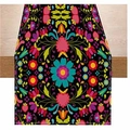 Detail of colorful folk floral pattern and heart print on a black fabric table runner - 33*183cm / Multicolor Floral Heart Style (ZQ38-7)