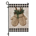 Detail of Christmas garden flag with winter knit gloves, pine cones and buffalo plaid borders - Knitted Mittens and Pinecones Pattern (DQ30-7)