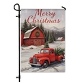 Close-up of Christmas garden flag with vintage red truck and Merry Christmas text - Vintage Red Truck and Tree Pattern (DQ30-8)