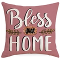 Square linen pillowcase in dusty rose with white Bless OUR HOME text and leaf art - Pink Text Style (TQD5-1)