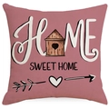 Square dusty pink linen pillowcase with Home Sweet Home print and cottage illustration - Pink Birdhouse Style (TQD5-2)