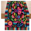 Colorful Mexican Day of the Dead table runner with floral skull patterns on wood - 33*183cm / Multicolor Ethnic Stripe Style (ZQ38-6)