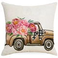 Linen Thanksgiving pillow case featuring a brown vintage truck with pink peony flowers - Vintage Pickup Style (TQD5-3)