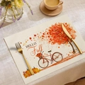 Linen Thanksgiving placemat with pumpkin, maple leaves and bicycle design, HELLO Fall text - Maple Leaf Bike Style (CDZ05-2) / 30*45CM Cotton Linen