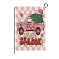 Close-up of pink checkered garden flag with vintage truck and 'Tis the Season' text - Retro Pink Truck Style (HYQ40-32)
