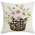 Square linen pillowcase with watercolor daisies in basket and black gingham bow - 45x45cm (No Insert) / Purple Daisy Basket Style (TQD5-6)