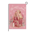 Pink Christmas garden flag with gingerbread house and metal stand on white background - Gingerbread House Snowman Style (HYQ40-17)