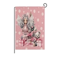 Pink Christmas garden flag with angel girl and teddy bear on a black metal stand - Angel Girl Teddy Bear Style (HYQ40-26)