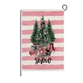 Detail of pink striped garden flag with Christmas trees and black metal stand - SNOW Evergreen Tree Style (HYQ40-23)