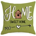 Green linen square pillow cover with Home Sweet Home print and cottage illustration - 45x45cm (No Insert) / Grass Green Birdhouse Style (TQD5-8)