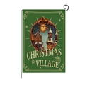 Detail of Christmas Village garden flag featuring linen texture and black metal hanger - Christmas Village Style (HYQ42-3)