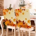 Detail of fall chair covers featuring orange pumpkins and maple leaves on linen fabric - Pumpkin Maple Leaf Red Berry (YT09-17)