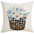 Linen Thanksgiving pillowcase with watercolor basket flowers and blue pine branches - 45x45cm (No Insert) / Festive Flower Basket Style (TQD5-10)