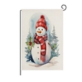 Bandiera da giardino pupazzo di neve acquerello con supporto in metallo nero - Pupazzo di Neve con Cappello a Righe Rosse e Bacche (HYQ43-4)