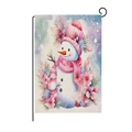 Bandiera da giardino invernale con pupazzo di neve e fiori su supporto in metallo nero - Pupazzo di Neve con Cappello Rosa e Fiori (HYQ43-3)