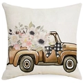 Linen farmhouse pillowcase featuring a vintage brown truck with soft pink flower bouquet - 45x45cm (No Insert) / Retro Floral Truck Style (TQD5-14)