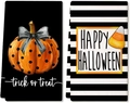 Set di asciugamani di Halloween con zucca arancione e motivi a righe bianche e nere - 45*66cm / Trick or Treat Nero e Happy Halloween a Righe (CSJ2-3)