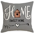 Grey linen throw pillow cover with Sweet Home print and wooden house design - 45x45cm (No Insert) / Grey Birdhouse Text Style (TQD5-16)